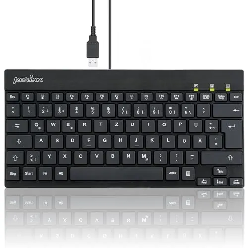 Perixx Kabelgebundene Mini USB Tastatur mit weißer Hintergrundbeleuchtung und flachen Tasten PERIBOARD-326BDE Schwarz Beleuchtet