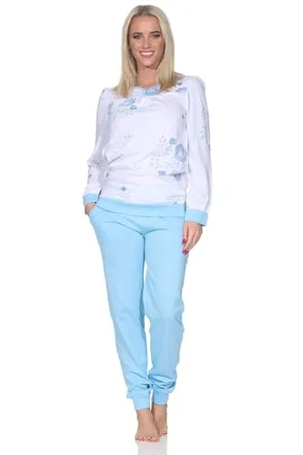 Normann Damen Langarm Schlafanzug Pyjama in Hellblau, Größe 44-46 - Eleganter Langarm Pyjama mit Knopfleiste für einfaches An- und Ausziehen. Die Bündchen sorgen für optimalen Sitz und Komfort in der Nacht. Hergestellt nach OEKOTEX STANDARD 100 für geprüfte Qualität. Ideal für erholsame Nächte.