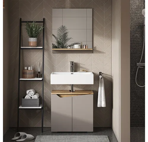 Vicco Badspiegel Marelle, Greige/Artisan-Eiche, 60 x 67 cm - Badezimmer Wandspiegel mit elegantem Design und klaren Reflexionen. Ideal für eine stilvolle Beauty-Routine über dem Waschbecken. Leicht zu montieren mit umfassendem Montagematerial.