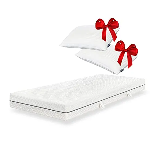 ESSENCE SLEEP Matratze 140x200cm，Höhe 18 cm, 7-Zonen Komfortschaummatratze mit Memory Foam Schicht, Härtegrad 2 (H2), mit 2 Kopfkissen, Rollmatratze, Öko-Tex Standard 100