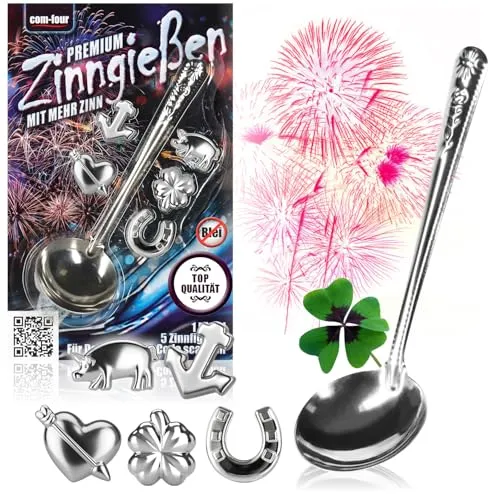com-four® Zinngießen mit 5 schweren Figuren und 1 Löffel, Silvestergießen das Wahrsagerei-Partyspiel die gesunde Alternative zum Bleigießen (Komfort - 3g - 06-teilig)