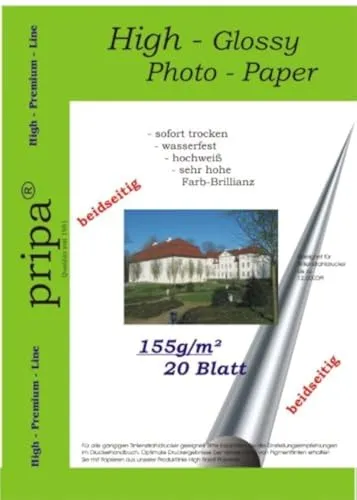 pripa beidseitig 20 Blatt Fotopapier Photopapier A4, 155g - beidseitig Glossy glaenzend - sofort trocken - wasserfest - hochweiß - sehr hohe Farbbrillianz Fuer Inkjet – Tintenstrahl Drucker