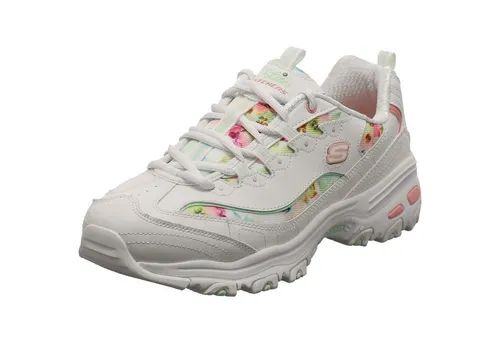Skechers D'Lites Blooming Fields Damen Sneaker - Sneaker aus Leder und Textil mit floralem Muster, gepolsterter Air-Cooled Memory Foam Innensohle für höchsten Komfort, ideal für den ganzjährigen Einsatz.