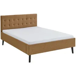 Boxxx Polsterbett 140x200 cm - Bernsteinfarbenes Design mit gepolstertem Kopfteil - Schlafzimmer - Stilvolles Polsterbett mit edlem Bernsteinbezug und robustem Eukalyptusholz. Ideal für gemütliche Abende beim Lesen!