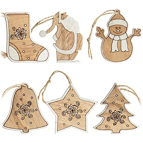 com-four® 6X Tannenbaumschmuck Holz-Anhänger Set - Weihnachtsbaumschmuck zum Dekorieren - Christbaumschmuck in 6 weihnachtlichen Designs