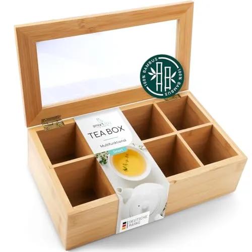 smartday Teebox aus Bambus mit Sichtfenster – Teebeutelbox mit 8 Fächern I Tee Aufbewahrungsbox aus Holz I Multifunktionale Teekiste für Küche, Büro & Esszimmer