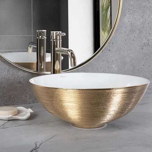 Rea Aufsatzwaschbecken STELLA Gold Brush/Weiß - Elegantes Design für Ihr Badezimmer - Badezimmer Tischwaschbecken aus hochwertiger Sanitärkeramik, freistehend und mit edler Gold Brush-Oberfläche für einen modernen Look.