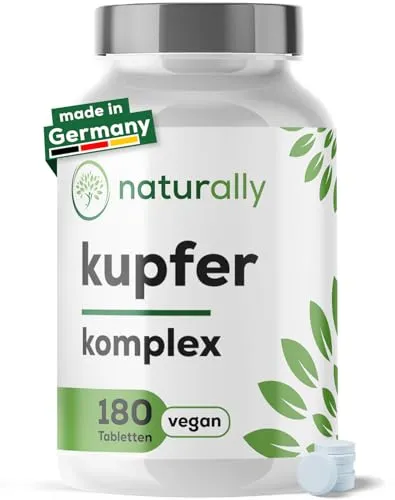 naturally Kupfer Tabletten [180 Stück] – 2mg Kupfer hochdosiert als Komplex mit Kupferbisglycinat, Kupfergluconat und Kupfercitrat – Copper, vegan, ohne Zusätze