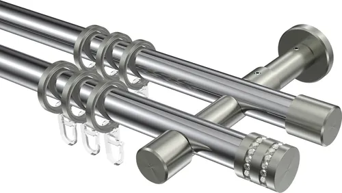 Interdeco Gardinenstange Typ Prestige Estana, 20 mm Ø, 160 cm, Chrom/Edelstahl-Optik - Doppelläufige Gardinenstange mit Glitzerkappe in modernem Design, ideal für stilvolle Raumgestaltung. Robuste Metallkonstruktion, inklusive passendem Zubehör für einfache Wandmontage.