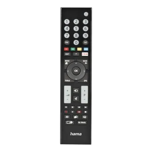 Hama Universalfernbedienung für Grundig TVs (Infrarot, lernfähig, leuchtende Tasten, smarte Taste, Easy Mode Funktion, ergonomische Haupttasten, 10m Reichweite) schwarz