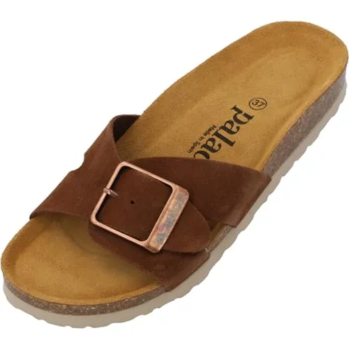 Palado Pantoletten Damen Tinos Premium Leather - elegante Sandalen Made in Spain - bequeme Hausschuhe mit Kork-Fußbett - modische Sommerschuhe Braun UK9 - EU42
