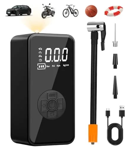 Elektrische Fahrradpumpe, Tragbarer Luftkompressor mit LCD Anzeige und Notbeleuchtung 150PSI, Kabelloser Akku Luftpumpe, USB-Powerbank, Autostop, Mini Kompressor Klein für Auto Fahrrad Motorrad Bälle
