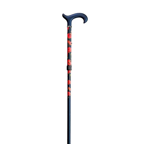 Gastrock Gehstock Step-Derby Roter Mohn - Eleganter Gehstock aus Aluminium mit L-DERBY-Griff aus Carbon. Höhenverstellbar von 86 bis 96 cm, ideal für komfortable Mobilität. Mit ansprechendem Mohnblüten-Dekor und Gummipuffer für sicheren Halt.