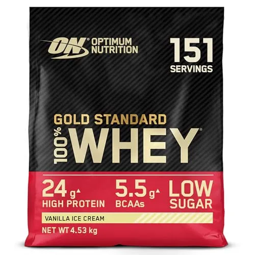 Optimum Nutrition Gold Standard 100% Molkenproteinpulver, Vanilla Ice Cream - Molkenproteine für Muskelaufbau und -regeneration, mit BCAAs und Glutamin, Informed Choice-zertifiziert und zuckerarm - ideal für Fitness-Enthusiasten.