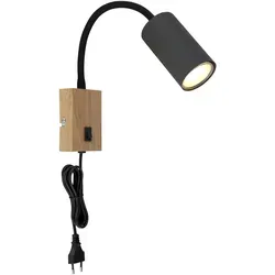 GLOBO Wandleuchte Innen mit Schalter - Flexibler Strahler für Wohnzimmer und Schlafzimmer - Wandleuchte aus schwarzem Kunststoff und Holzverzierungen, mit beweglichem Flexarm und GU10 Fassung für individuelle Lichtgestaltung. Ideal für gemütliche Wohnräume.