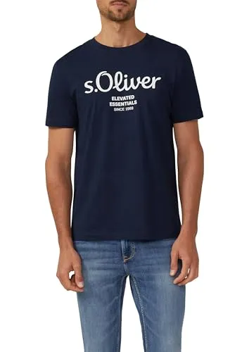 S.OLIVER Herren T-Shirt im 2er Pack - Herren-Shirts aus 100% Baumwolle, atmungsaktiv und pflegeleicht, mit großem Logo-Print in blau und weiß, ideal für einen lässigen Look.