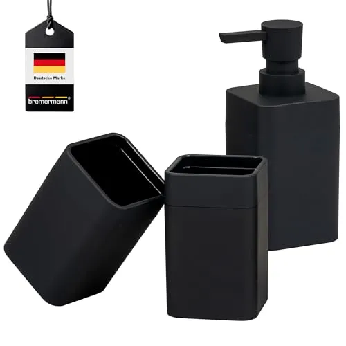 bremermann Badezimmer-Set Savona – 3tlg. Bad-Accessoires mit Soft-Touch Oberfläche - Praktisches 3-teiliges Badezimmer-Set mit nachfüllbarem Seifenspender und zwei vielseitigen Bechern. Modernes, zeitloses Design in hochwertiger Soft-Touch-Oberfläche für sicheren Halt und einfache Reinigung.