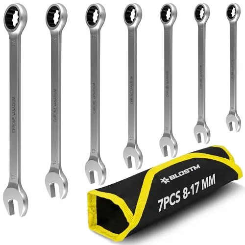 BLOSTM Ratschen-Ringmaulschlüssel-Set – 7-teiliges metrisches Ratschenschlüssel-Set (8 mm bis 17 mm), Ringmaulschlüssel-Set, ideal für Heimwerker, Auto- und Fahrradreparaturen – 7 Stück