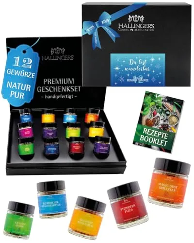 Hallingers Genuss Manufaktur Gewürze Geschenkset Valentinstag – 12 Premium Gewürze im Glas, edle Geschenkbox zum Kochen & Grillen, Gewürz Set 