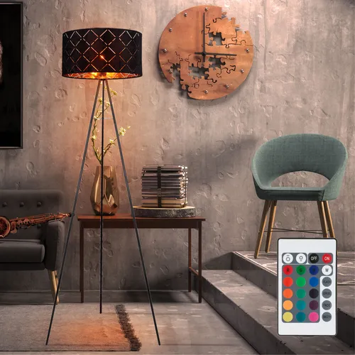 Schwarze Gold Stehleuchte mit Fernbedienung und dimmbarem RGB LED - Moderne Stehleuchte in Schwarz-Gold, 149 cm hoch, inkl. dimmbarem RGB LED Leuchtmittel und Fernbedienung für stimmungsvolle Beleuchtung in jedem Raum.