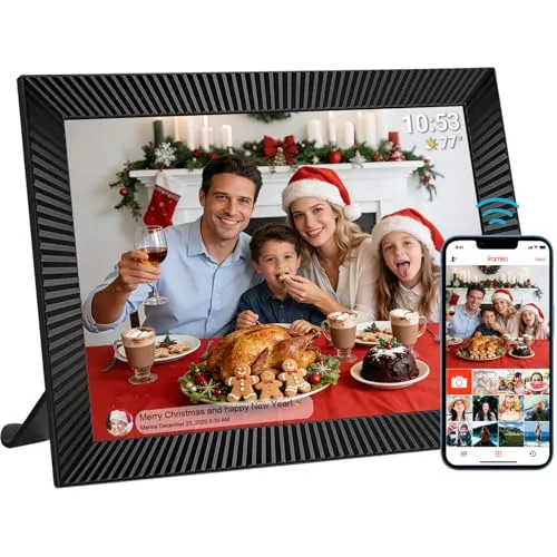 FRAMEO Digitaler Bilderrahmen 10,1 Zoll WiFi – Elektronischer Bilderrahmen mit 32 GB Speicher, 1280x800 IPS Touchscreen, Bewegungssensor & Auto-Rotation, Sofortiges Foto-/Video-Teilen per FRAMEO App