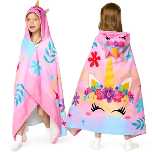 Joiedomi Einhorn Badeponcho Kinder Strandtuch Kinder127 x 77 cm Bade-Poncho-Kinder - Weiches Baumwoll-Badetuch für Kinder von 3-10 Jahren- saugfähiges Handtuch