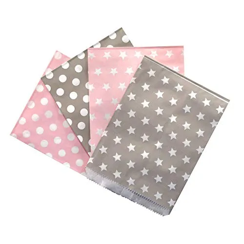 Frau WunderVoll® 100 PAPIERTÜTEN IM Set 9, 4x25 Stück: rosa Sterne, Taupe Sterne, rosa Punkte, Taupe Punkte 13x16,5cm, 45Gramm Papier, flach/Hochzeit, Papiertütchen, Mitgebseltüten