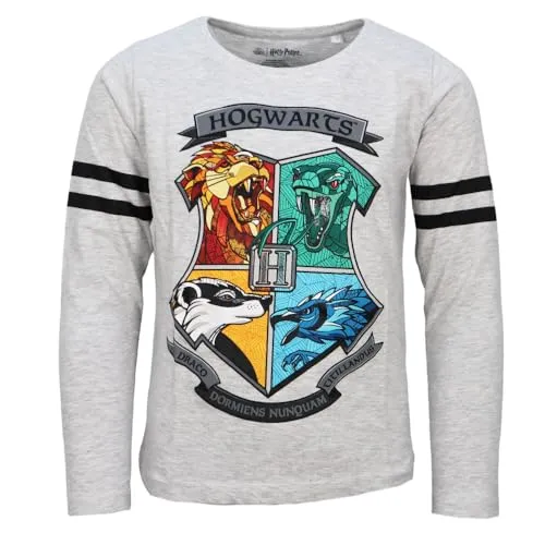 Harry Potter Hogwarts Jungen Langarmshirt „Crest“ – Offizielles Lizenzprodukt – 100 % Baumwolle – Größen 134–164 – Rot oder Grau, Farbe: Grau, Bekleidungsgröße: 164