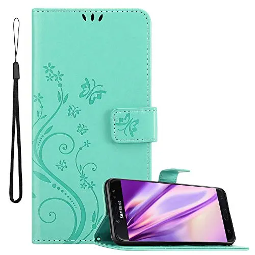 Cadorabo Hülle kompatibel mit Samsung Galaxy J7 2018 Blumen Design aus Kunst Leder Flip Klappbare Stoßfeste Magnetische [Standfunktion] [Kartenfächern] Cover Hülle für Galaxy J7 2018 Tasche in Türkis