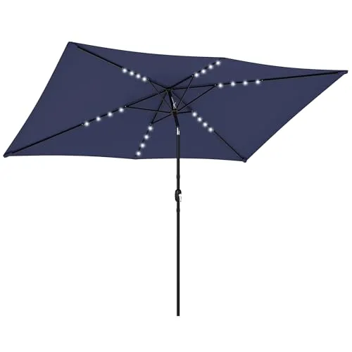 Outsunny Sonnenschirm LED Solar 300 x 200 cm neigbar mit Kurbel und Schutzhülle - Dieser elegante Gartenschirm bietet mit 24 integrierten LED-Leuchten stimmungsvolles Licht und UV-Schutz. Der neigbare Baldachin sorgt für optimalen Schatten, während die Schutzhülle ihn ganzjährig schützt. Ideal für Garten, Balkon und Terrasse.