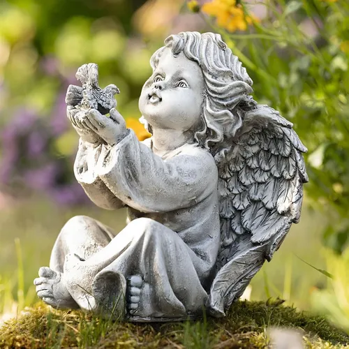 Deko Figur Engel aus Polyresin wetterfest sitzend, Weihnachts Winter Grab Garten