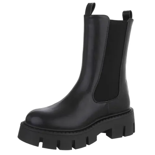 Ital-Design Trendige Chelsea Boots für Damen - Moderne Plateaustiefeletten in Schwarz mit markantem Blockabsatz, ideal für modebewusste Frauen. Hoher Tragekomfort und stilvolles Design.