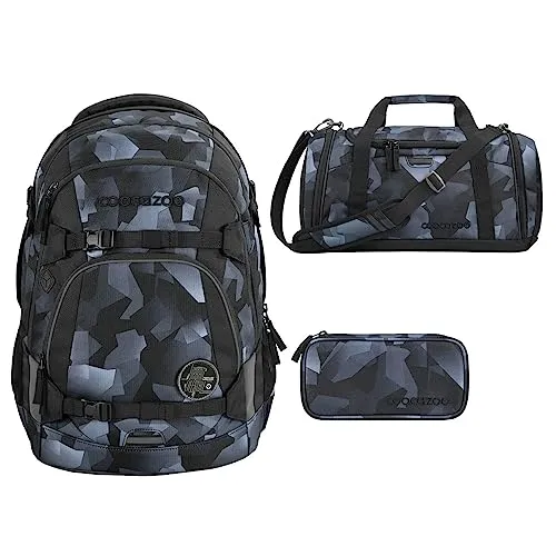 coocazoo MATE Schulrucksack-Set 3tlg (Grey Rocks) - Schulranzen-Set mit Schulrucksack, Sporttasche und Schlamperbox. Ergonomisches Design, individuell gestaltbar mit Klett-Patches und sicher im Straßenverkehr dank Reflektoren und LED-Befestigung.