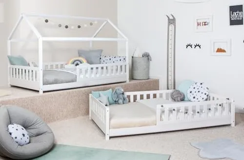TiCAA 2 in 1 Bodenbett mit abnehmbaren Dach 90-140 cm - Betten: Unser wandelbares Hausbett „Duo“ bietet Gemütlichkeit und Sicherheit mit abnehmbaren Dach, Rausfallschutz und höhenverstellbarem Design.