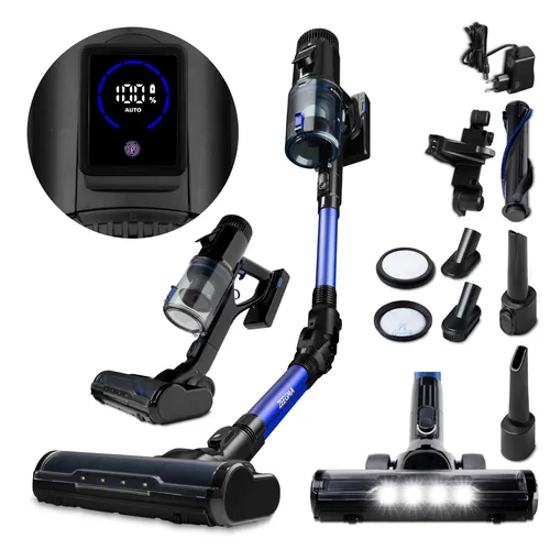 ZEEGMA Klaar Kabelloser Vertikalstaubsauger 400W - Stabstaubsauger mit 25000Pa Saugleistung, 60 Min Laufzeit und 5-stufigem HEPA-Filter, ideal für Allergiker und Haustierbesitzer. Turbo 2in1 Bürste mit LED-Licht für perfekte Reinigung auf allen Oberflächen.