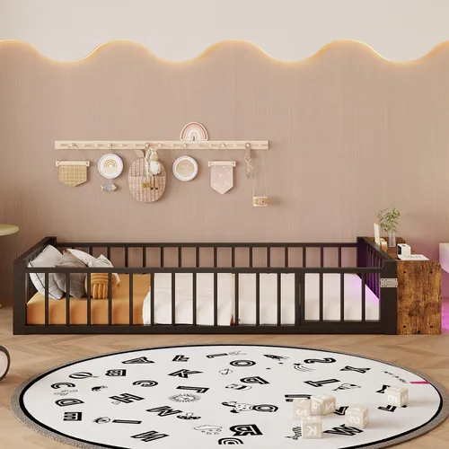 MODFU Kinderbett Metallbett 90x200 mit Schiebetür und Sicherheitsgeländer