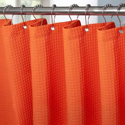 VANZAVANZU Schmaler Waffel Duschvorhang 92 x 182 cm mit Metall Duschvorhangringe Schwerer Stoff Textil Badewannenvorhang Anti Schimmel Bad Vorhang Wasserdicht Badezimmer Vorhang - Orange