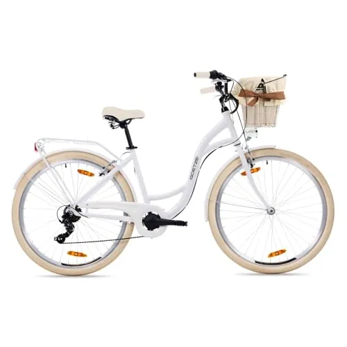Goetze Mood 28 Zoll Damen Citybike, 18 Zoll Tiefeinsteiger Stahlrahmen, 7-Gang Kettenschaltung, doppelte V-Bremsen, LED-Beleuchtung, Rattankorb, Komfortsattel, mit Seitenständer & Klingel