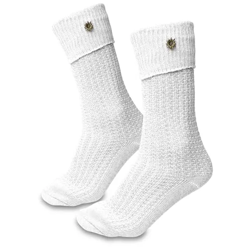 Steigenhöfer Manufaktur Trachtensocken Herren und Damen Lang – Klassische Trachtenstrümpfe im Zopfmuster – Oktoberfest Strümpfe aus Baumwolle für Männer & Frauen – Weiß mit Edelweiß – 43-44