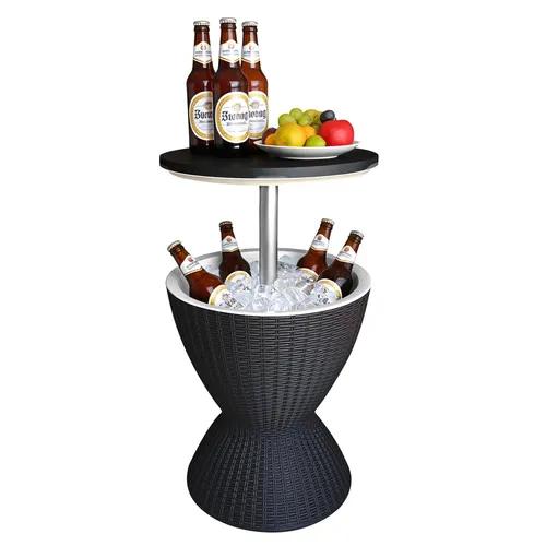 relaxdays Outdoor-Flaschenkühler Beistelltisch 30 L, schwarz - Der vielseitige Beistelltisch mit Kühlfunktion für Gartenpartys! Das 30 L Kühlfach hält Getränke kühl, während die höhenverstellbare Tischplatte für Komfort sorgt. Wetterfest in moderner Rattan-Optik – ideal für entspannte Stunden im Freien.