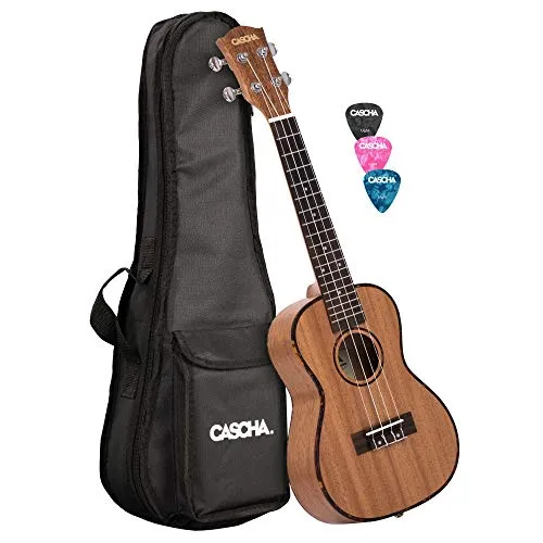 Cascha Konzert Ukulele Set für Kinder und Erwachsene - Gitarren - Hochwertige Mahagoni Ukulele mit exzellentem Klang, inklusive 3 Plektren und Tasche für einfachen Transport. Perfekt für Anfänger und Fortgeschrittene!