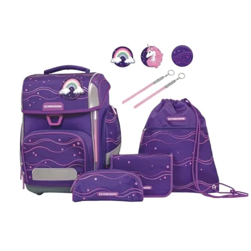 Schneiders Ergolite Set 9-tlg. Purple Dream - Violett - Schulranzen-Set in trendigem Violett, ergonomisch gestaltet und aus 100% recycelten PET-Flaschen, inklusive LED-Leuchtstäben für optimale Sichtbarkeit im Straßenverkehr.