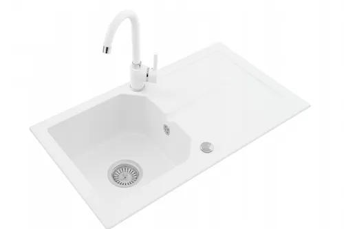 Granit Küchenspüle 750x435mm mit Armatur - Hochwertige Granitspüle mit Abtropffläche, ideal für moderne Küchen. In Weiß erhältlich, inklusive Siphon. Perfekte Kombination aus Funktionalität und Ästhetik.