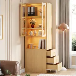 Regal Aus Mdf In Eiche 60x40x200 Cm Mit 3 Seitenschubladen, Vitrine Aus Gehärtetem Glas Und Led