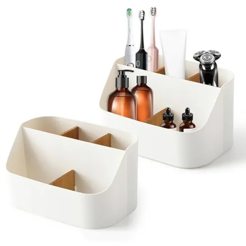 QYRDBGY 2 Stück 5 Fächer Schreibtisch Organizer Weiß, Schreibtischorganizer mit Abnehmbarer Bambus Trennwänden Büro Stiftehalter Desk Organizer für Kosmetika Schreibwaren Alltagsgegenstände
