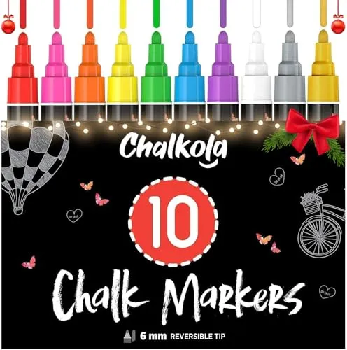 Chalkola 10 Kreidestifte für Tafel Abwaschbar - (10 Stifte, 6mm Kreidestift) Kreidestifte für Fenster, Tafelkreide & Glasstifte, Chalk Marker, Kreidemarker Abwischbar, Fensterfarben Kinder