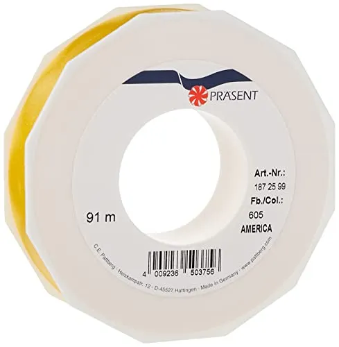 PRÄSENT C.E. PATTBERG Geschenkband gelb, 91 Meter Ringelband 25 mm zum Basteln, Dekorieren & Verpacken von Geschenken zu jedem Anlass