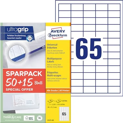 Produktbild AVERY Zweckform 6121-65 Universal Etiketten (3.250 plus 975 Klebeetiketten extra, 38x21,2mm auf A4, Papier matt, individuell bedruckbar, selbstklebende Aufkleber mit ultragrip) 65, weiß