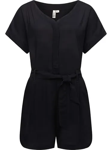 Ragwear Damen Sommer Jumpsuit Salwin Solid YOUMODO Black Gr. XS - Jumpsuit für Damen, eleganter Kurzarm-Einteiler mit Taillenband, ideal für warme Tage und vielseitige Styles.