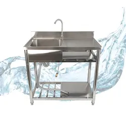 Freistehender Spültisch mit Wasserhahn und Gartenschlauch-Anschluss - Spültechnik mit hochwertigem Edelstahl, ideal für Innen- und Außenbereiche. Bietet Platz für Geschirr und hat eine praktische Ablagefläche für effiziente Küchenarbeit.